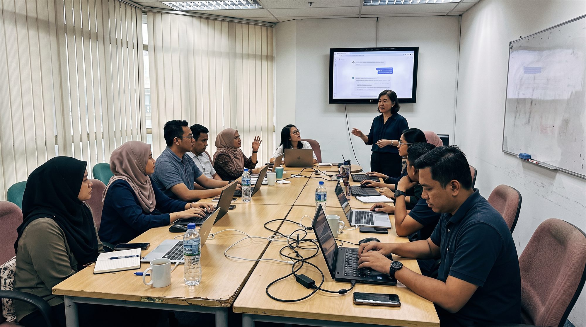 A company team working on laptops in a hands-on AI workshop in an office meeting room