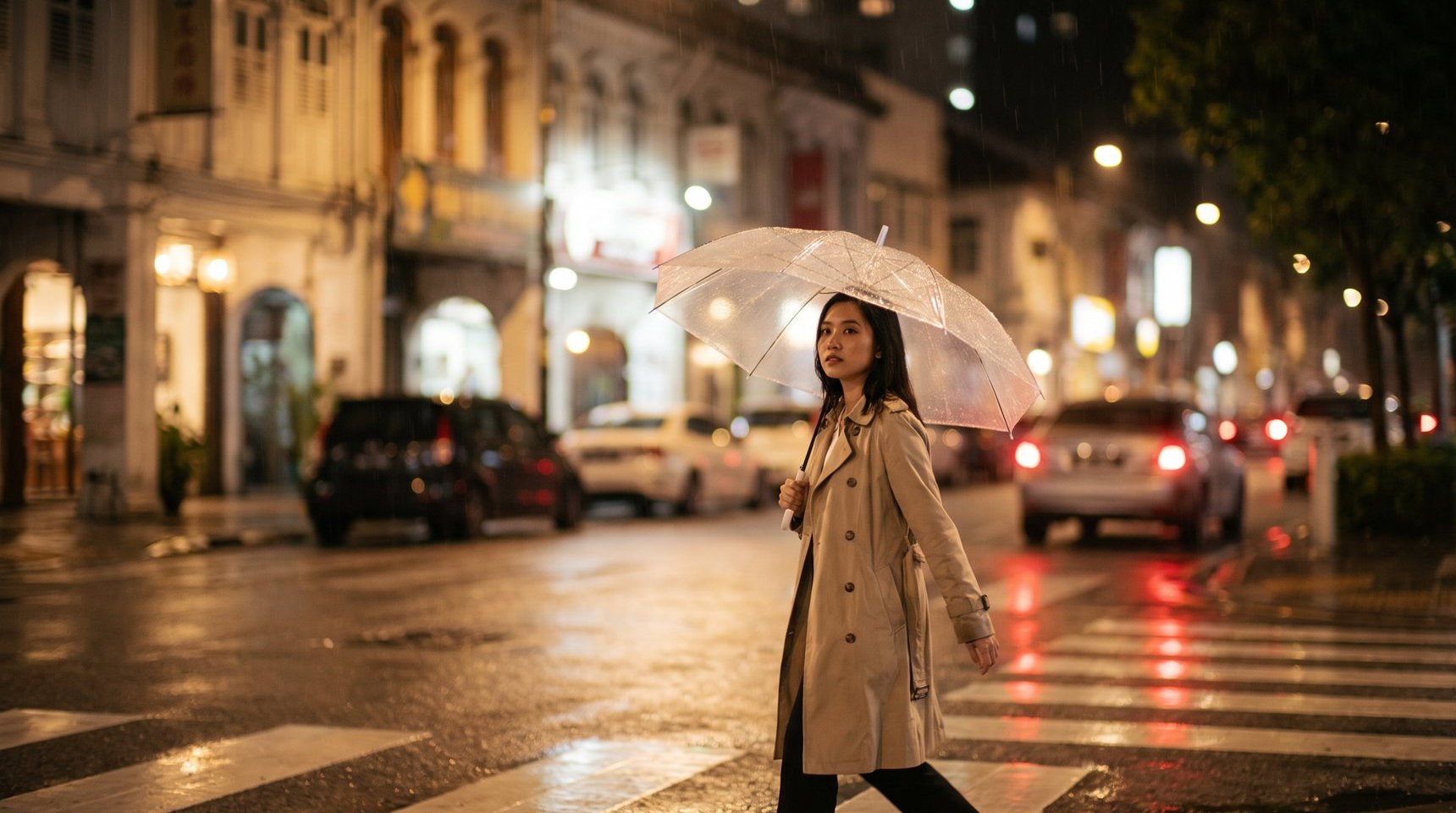 AI-generated cinematic film still of a rainy Kuala Lumpur street at night