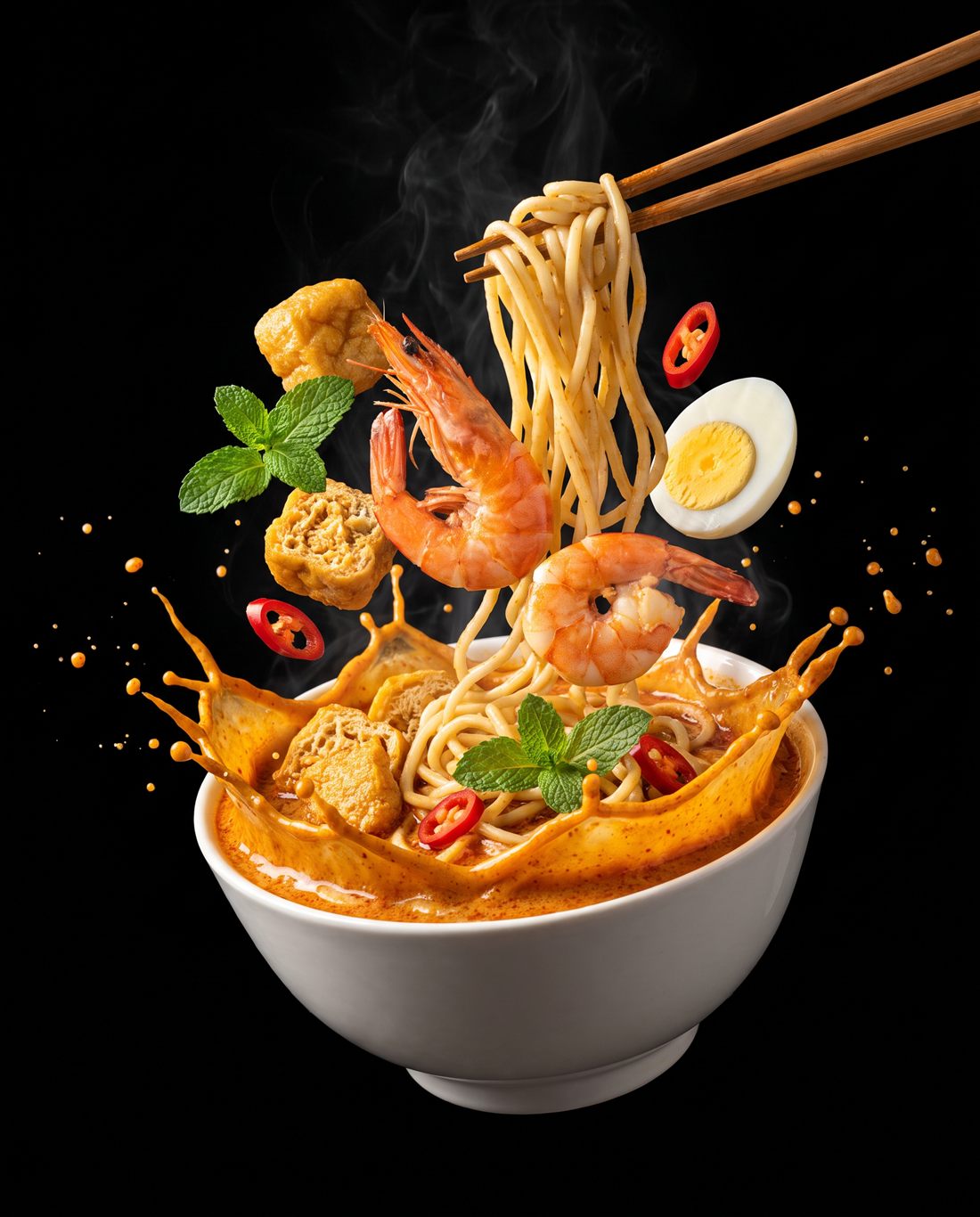 AI-generated food advertisement of curry laksa with ingredients flying