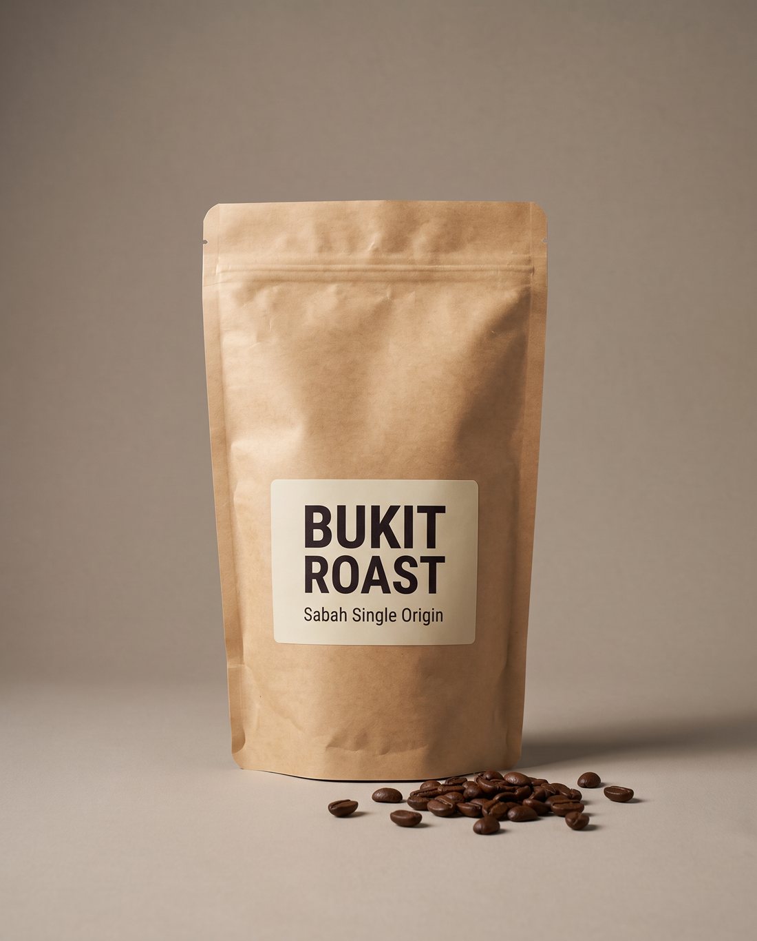 AI-generated studio product shot of a black coffee bag on a stone plinth