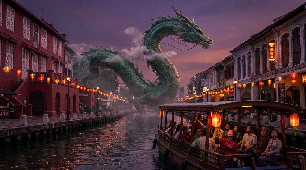 Dragon Over the Melaka River, made with AI